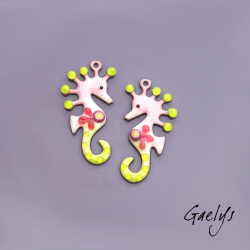 Paire de charm cuivre émaillé pour boucles d'oreille - rose  / vert anis - murine - Hippocampe