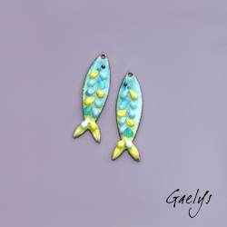 Little Sardines: Pair of enameled copper earring charms – teal and green background – fish – multicolored scales
