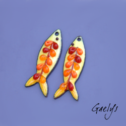 Little Sardines: Pair of enameled copper earring charms – yellow background – fish – multicolored scales