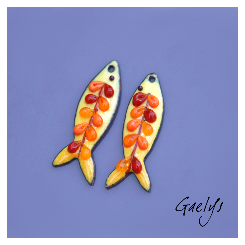 Little Sardines: Pair of enameled copper earring charms – yellow background – fish – multicolored scales