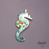 LARGE enameled copper seahorse – turquoise blue / teal / white / milky blue – small orange fish