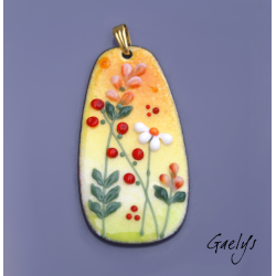 GRAND pendentif cuivre émaillé -  vert / jaune / orange / rouge / blanc - prairie fleurie