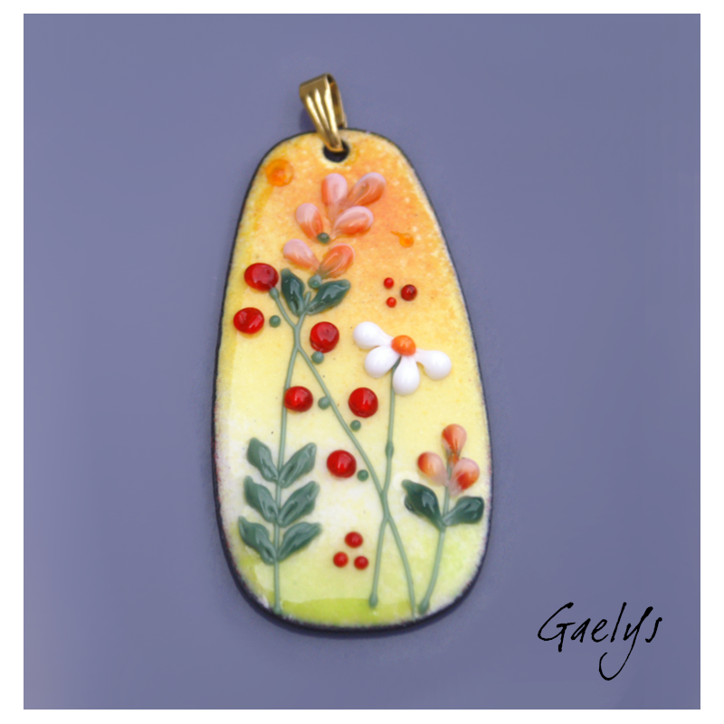 GRAND pendentif cuivre émaillé -  vert / jaune / orange / rouge / blanc - prairie fleurie