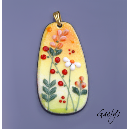 GRAND pendentif cuivre émaillé -  vert / jaune / orange / rouge / blanc - prairie fleurie