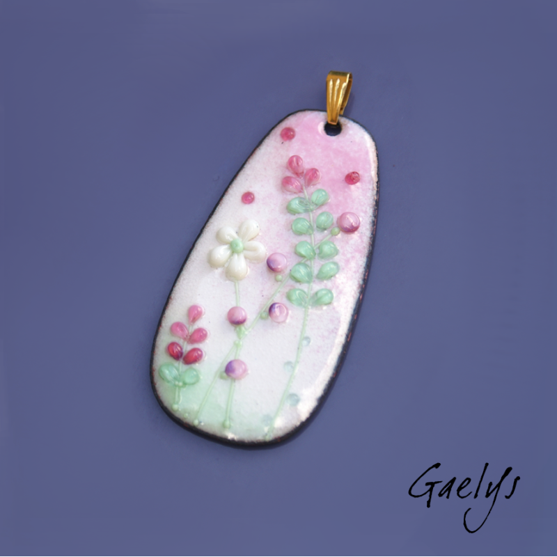 copy of LARGE enameled copper pendant – green / pink / ivory – wildflower meadow