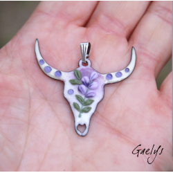 Crâne de buffle en cuivre émaillé  - violet / blanc - floral violet