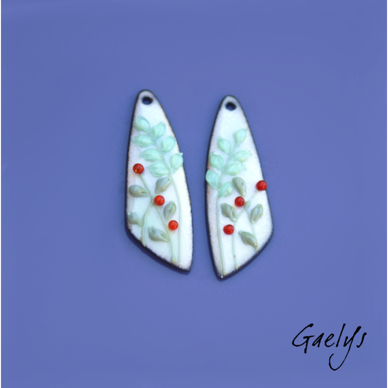 Pair of enameled copper earring charms – white/blue and pale green – foliage, red flower