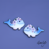 Pair of enameled copper earring charms – white / periwinkle blue / pink – whale