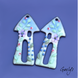 Paire de charm cuivre émaillé pour boucles d'oreille -  bleu pervenche / vert / vert d'eau - maison - jardin