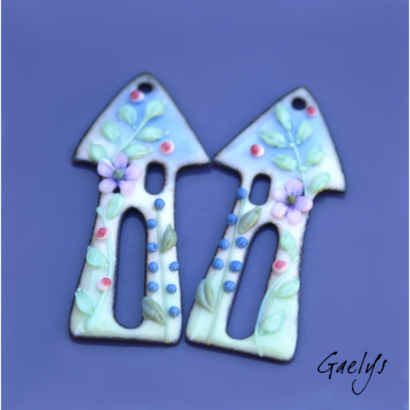 Paire de charm cuivre émaillé pour boucles d'oreille -  bleu pervenche / vert / vert d'eau - maison - jardin