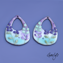 Paire de charm cuivre émaillé pour boucles d'oreille - blanc / bleu vert / violet  - feuillage, fleur violette