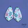 Pair of enameled copper earring charms – white / blue-green / green – foliage, pink flowers