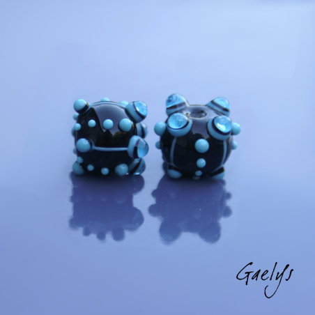 Perles à picots - duo de perles rondelle avec un jeu de points et picots  - noir / bleu turquoise