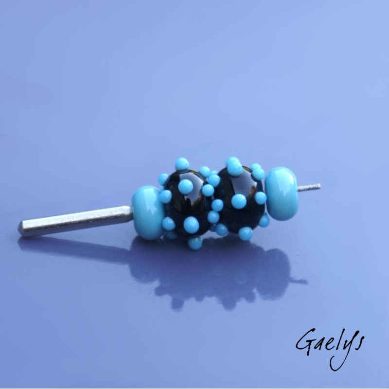 Perles à picots - duo de perles rondelle avec un jeu de points et picots  - noir / bleu turquoise