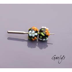 Perles Lampwork à fleurs - duo de perles rondelle 4 fleurs  - fond noir / fleurs bleues, oranges, blanches