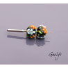 Perles Lampwork à fleurs - duo de perles rondelle 4 fleurs  - fond noir / fleurs bleues, oranges, blanches