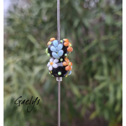 Perles Lampwork à fleurs - duo de perles rondelle 4 fleurs  - fond noir / fleurs bleues, oranges, blanches