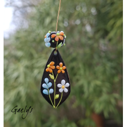 Perles Lampwork à fleurs - duo de perles rondelle 4 fleurs  - fond noir / fleurs bleues, oranges, blanches
