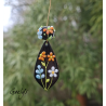 Perles Lampwork à fleurs - duo de perles rondelle 4 fleurs  - fond noir / fleurs bleues, oranges, blanches