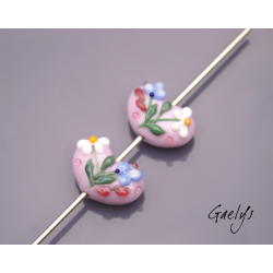 Duo de perle de verre pour BO - coeur rose fleurs roses bleues