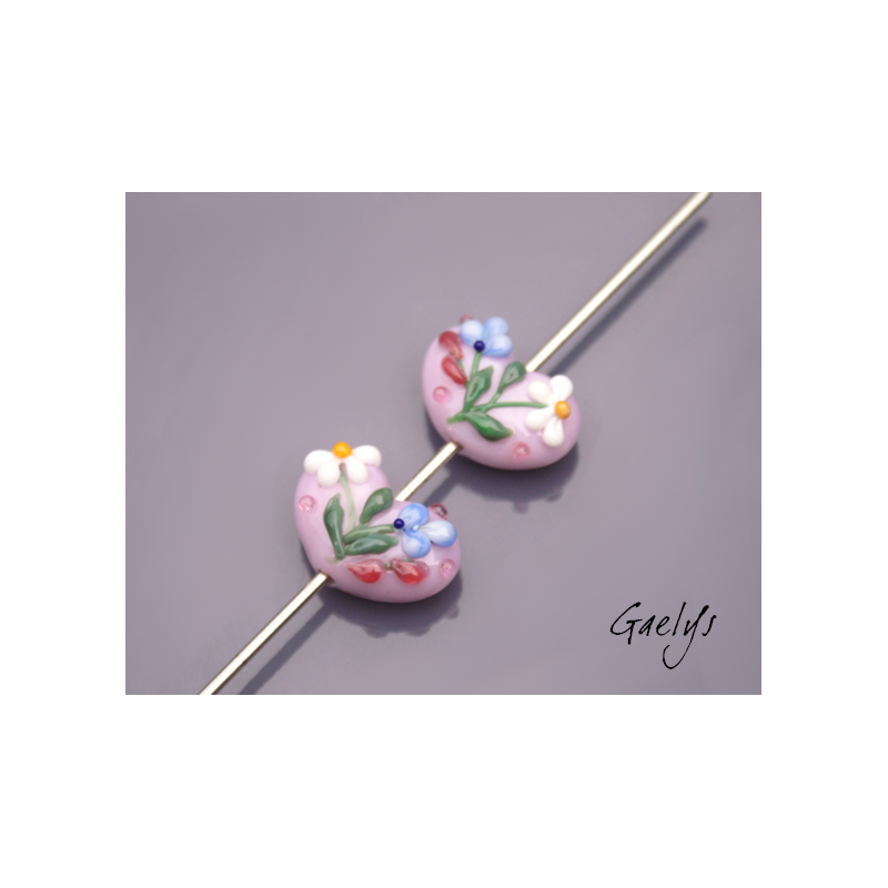 Duo de perle de verre pour BO - coeur rose fleurs roses bleues