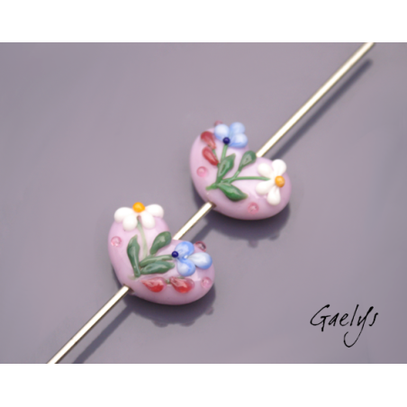 Duo de perle de verre pour BO - coeur rose fleurs roses bleues