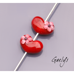 Duo de perle de verre pour BO - coeur rouge / fleur rose