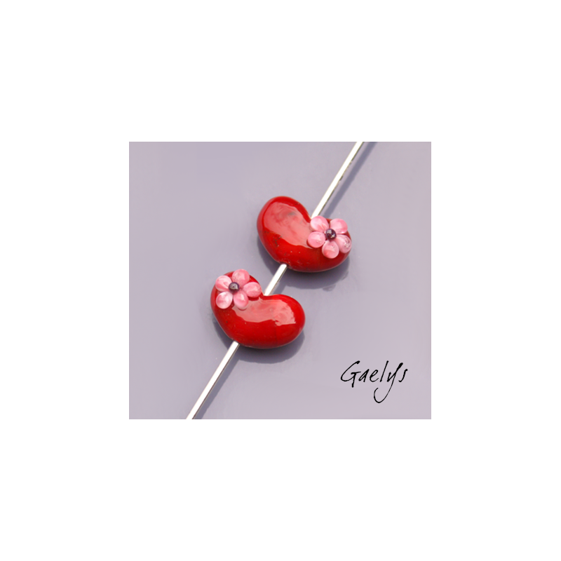 Duo de perle de verre pour BO - coeur rouge / fleur rose