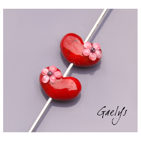 Duo de perle de verre pour BO - coeur rouge / fleur rose