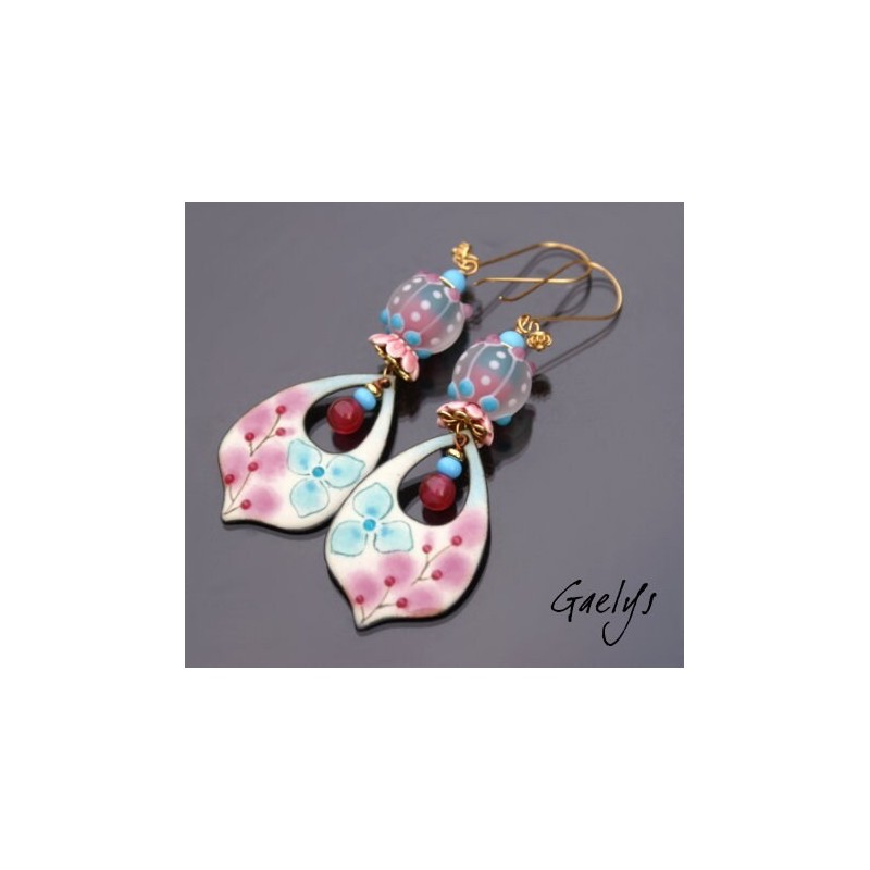 Chloé - Emaux Gaelys - boucles d'oreilles - cuivre émaillé à chaud / Lampwork - Bleu / rose - vermeil