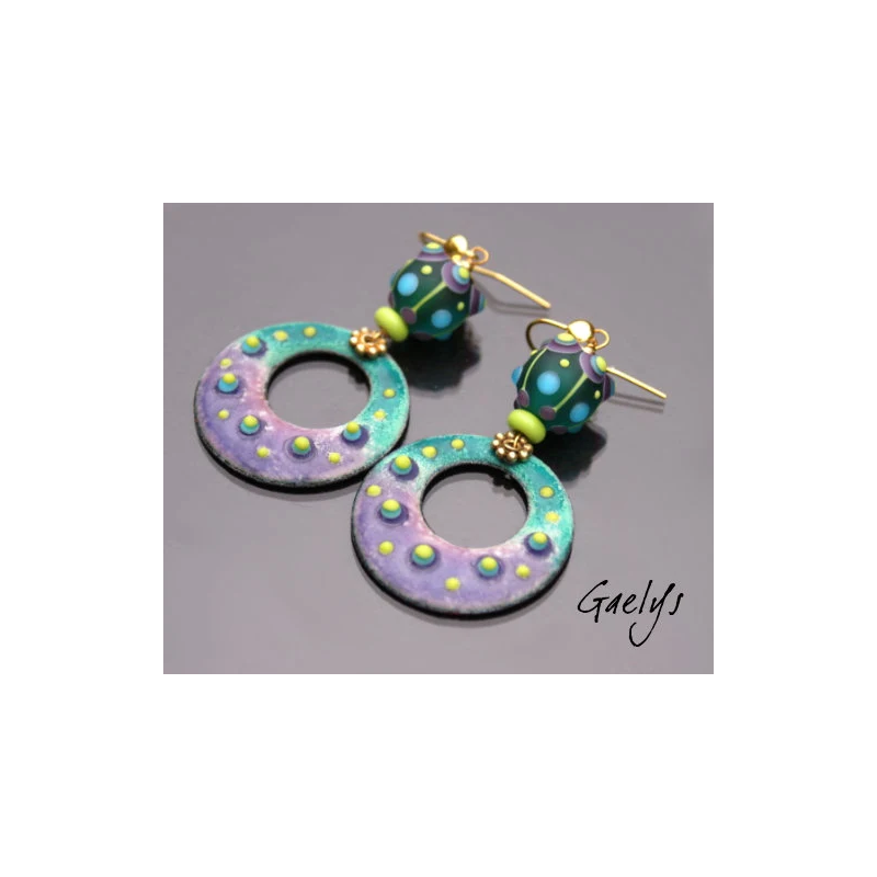 Frany - Emaux Gaelys - boucles d'oreilles - cuivre émaillé à chaud -  Multicolore - crochets vermeil - Perle lampwork - Créole