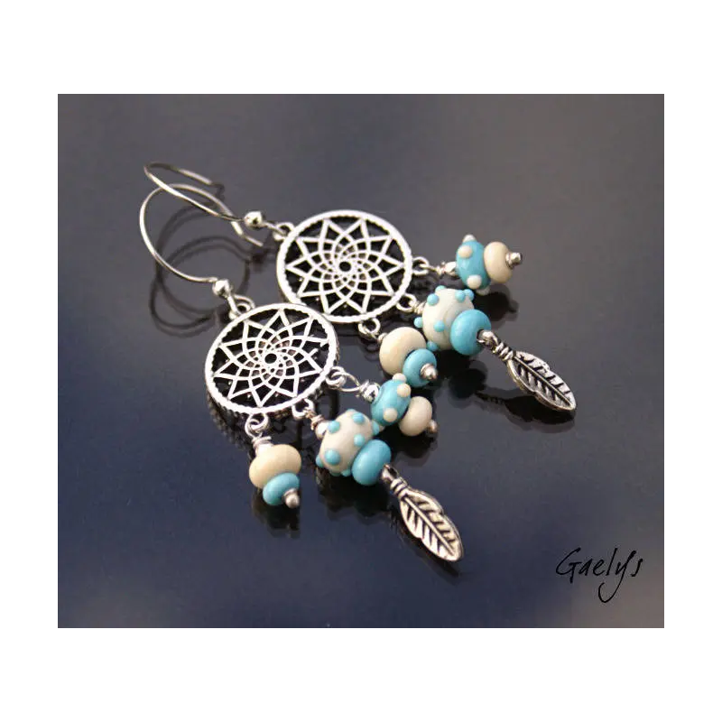 Réveuse - Boucle d'oreille lampwork inspiration indienne - Attrapeur de rêve
