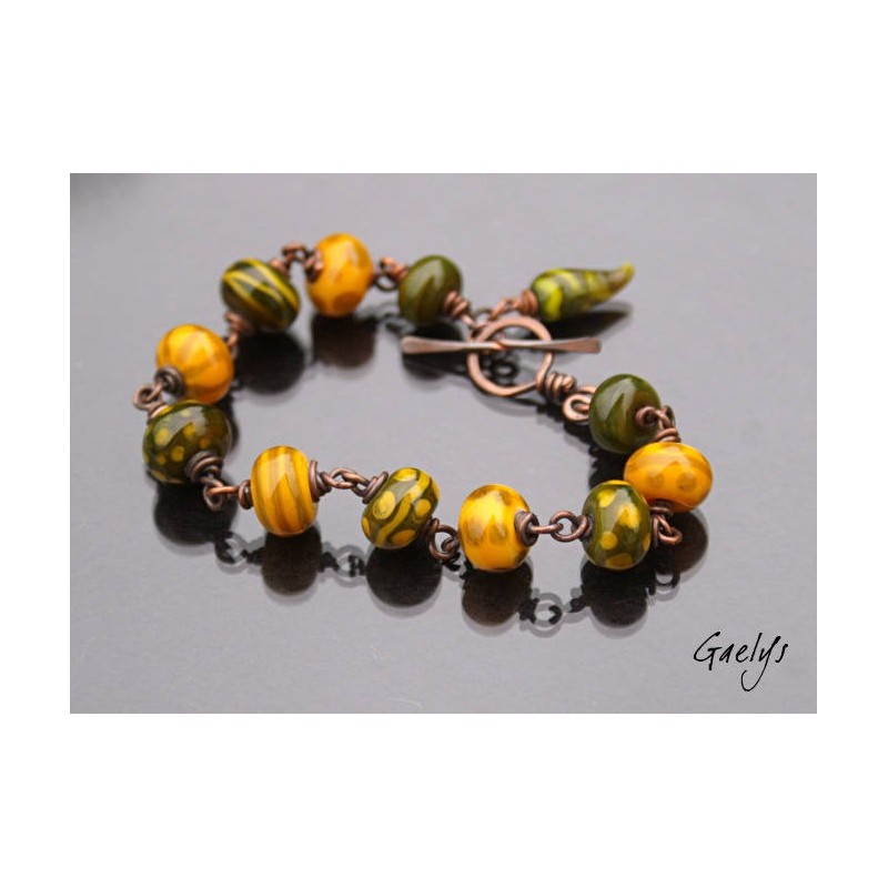 Bergham - Bracelet perle de verre et cuivre patiné