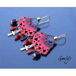 Emeline - boucles d'oreille rouge /noir, breloques, émaux sur cuivre - Style Bohême Chic - bo gaelys - full breloque