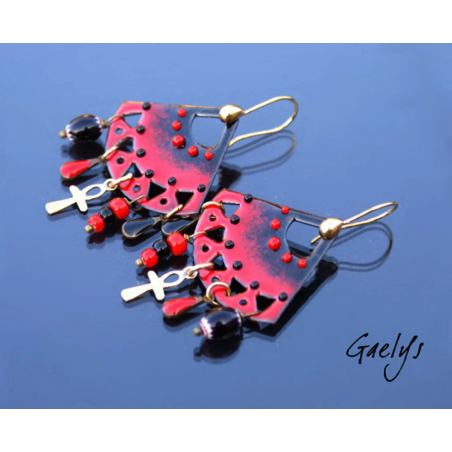 Emeline - boucles d'oreille rouge /noir, breloques, émaux sur cuivre - Style Bohême Chic - bo gaelys - full breloque