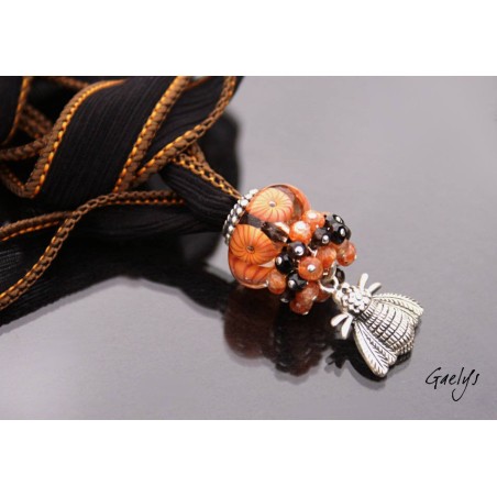 Honey queen - collier pendentif gaelys, pierre semi précieuses, lampwork et soie