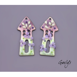 Paire de charm cuivre émaillé pour boucles d'oreille -  violet / vert / vert d'eau - maison - jardin
