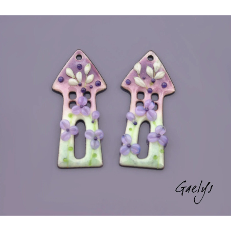 Paire de charm cuivre émaillé pour boucles d'oreille -  violet / vert / vert d'eau - maison - jardin