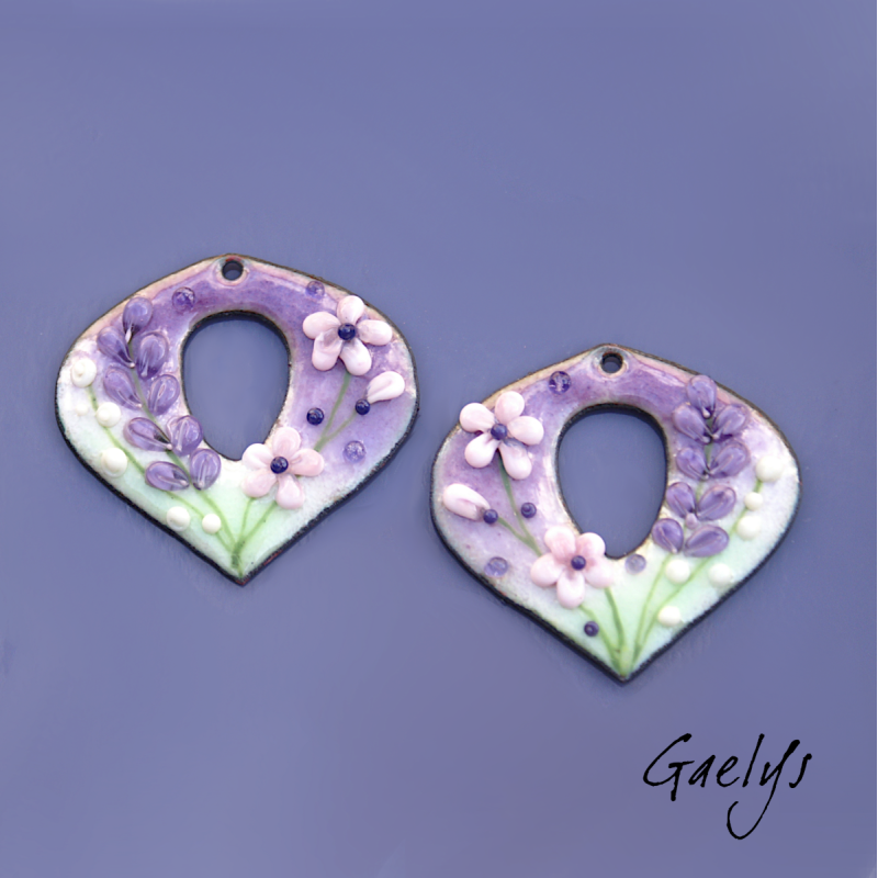 Paire de charm cuivre émaillé pour boucles d'oreille - vert /  violet / rose / ivoire