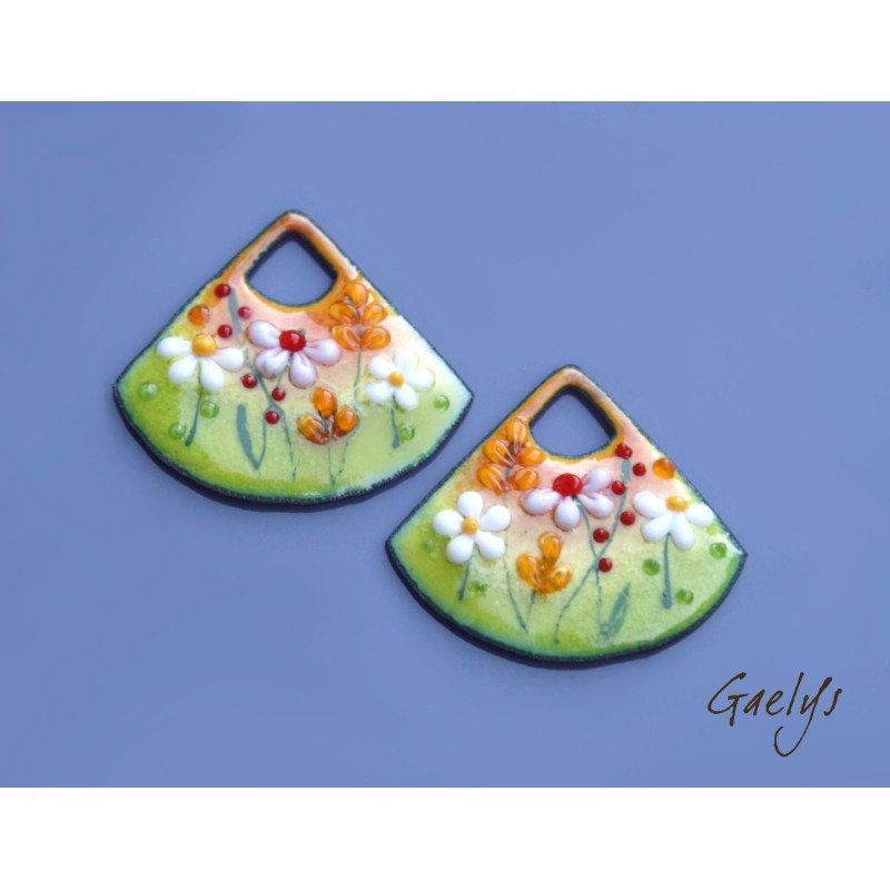 Paire de charm cuivre émaillé pour boucles d'oreille - vert / jaune / orange / rose / blanc / rouge