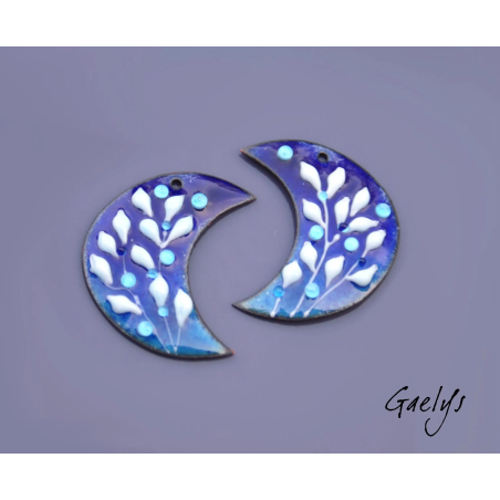 Paire de charm cuivre émaillé pour boucles d'oreille - bleu cobalt  /  bleu de provence - dégradé - feuillage bleu ciel