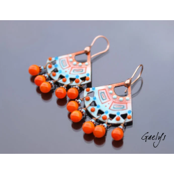 Mercy - boucles d'oreille orange /turquoise, breloques, émaux sur cuivre - Style Bohême Chic - full breloque amérindien