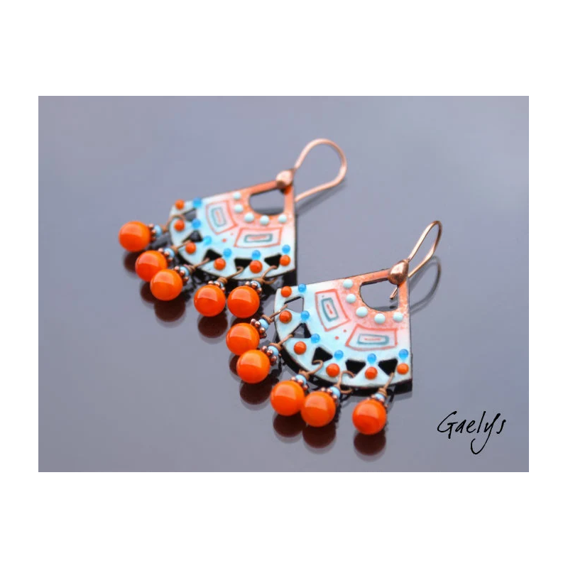 Mercy - boucles d'oreille orange /turquoise, breloques, émaux sur cuivre - Style Bohême Chic - full breloque amérindien