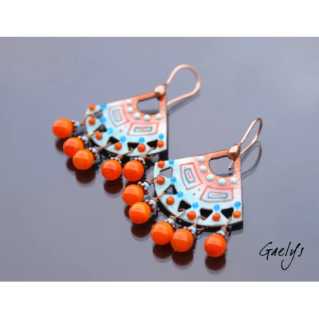 Mercy - boucles d'oreille orange /turquoise, breloques, émaux sur cuivre - Style Bohême Chic - full breloque amérindien