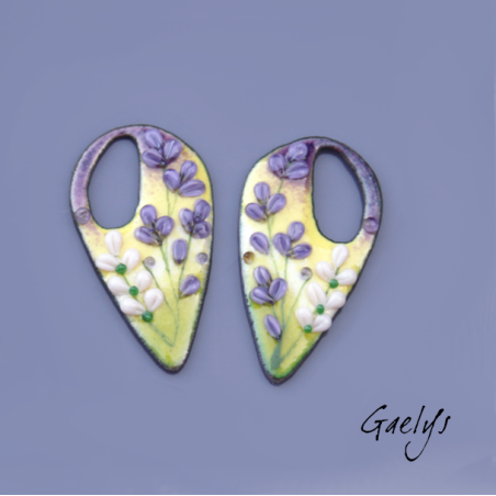 Paire de charm cuivre émaillé pour boucles d'oreille - fond jaune / violet / vert / blanc / violet