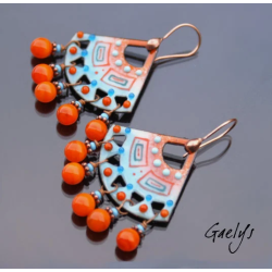 Mercy - boucles d'oreille orange /turquoise, breloques, émaux sur cuivre - Style Bohême Chic - full breloque amérindien