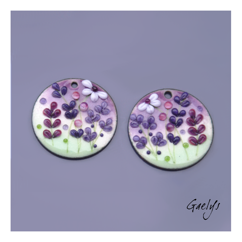 Pair of enameled copper charm for making earrings - green / purple / mauve / mauve