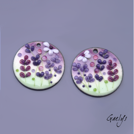 Pair of enameled copper charm for making earrings - green / purple / mauve / mauve
