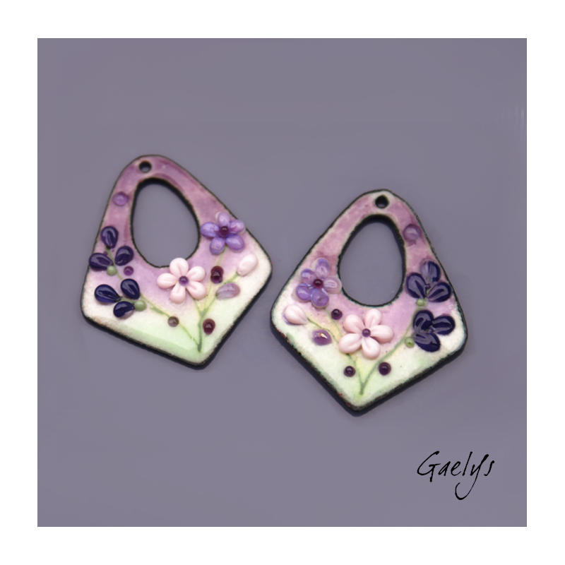 Paire de charm cuivre émaillé pour boucles d'oreille - vert / violet  / mauve / rose