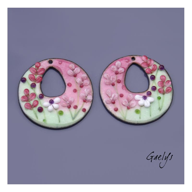 Paire de charm cuivre émaillé pour boucles d'oreille - vert / rose  / pourpre